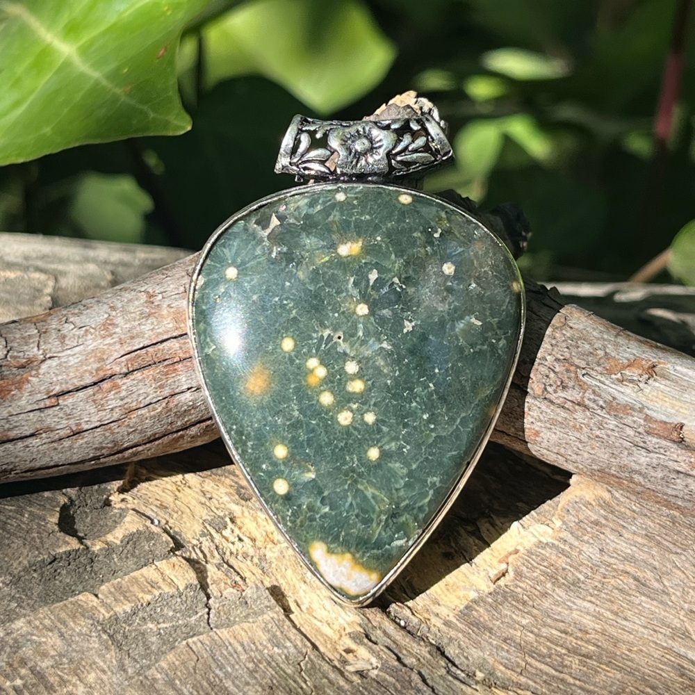 Silver plated large ocean jasper pendant‎